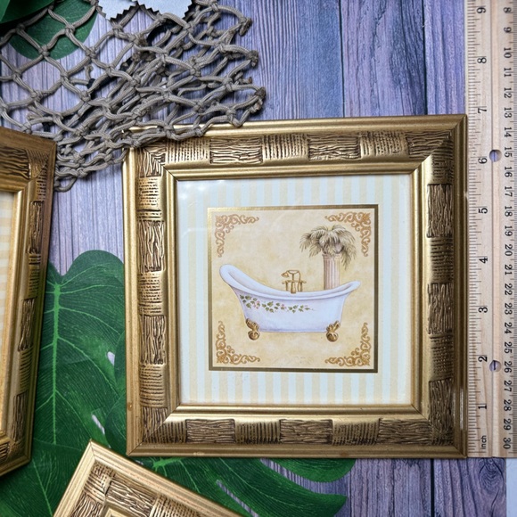 3 VINTAGE GOLD FRAMED PALM TREE NAUTICAL COASTAL BATHROOM PICTURES Bundle Bamboo - Picture 9 of 14